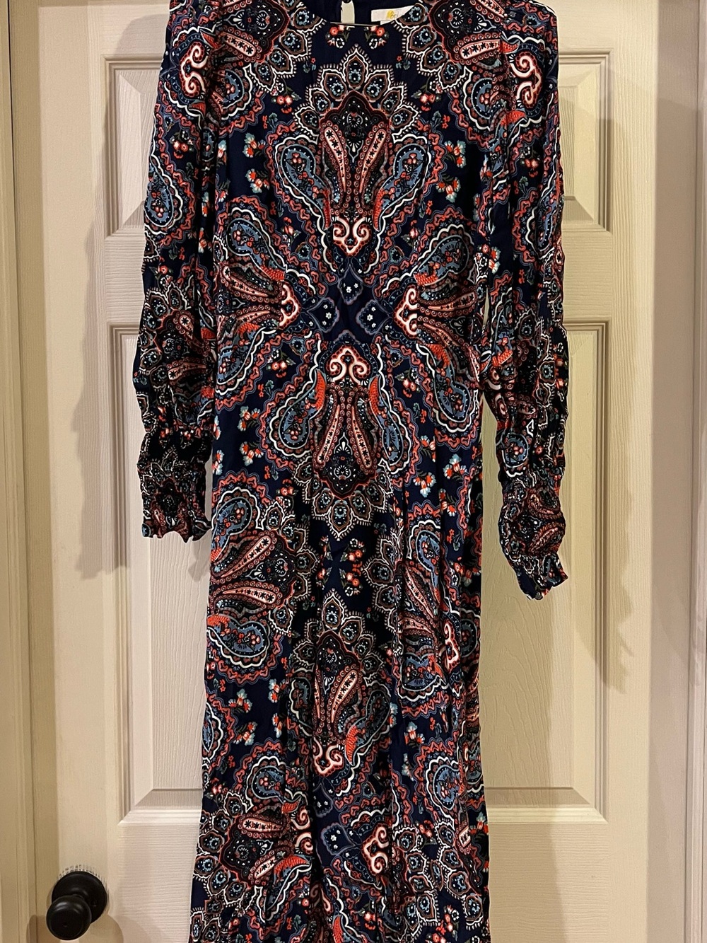 Boden Navy Paisley Long-Sleeve Midi Dress with Coral & Light Blue Accents